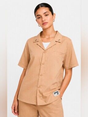 Jordan Women's Off-Court Woven Short Sleeve Camp Shirt - Beige / Khaki Medium